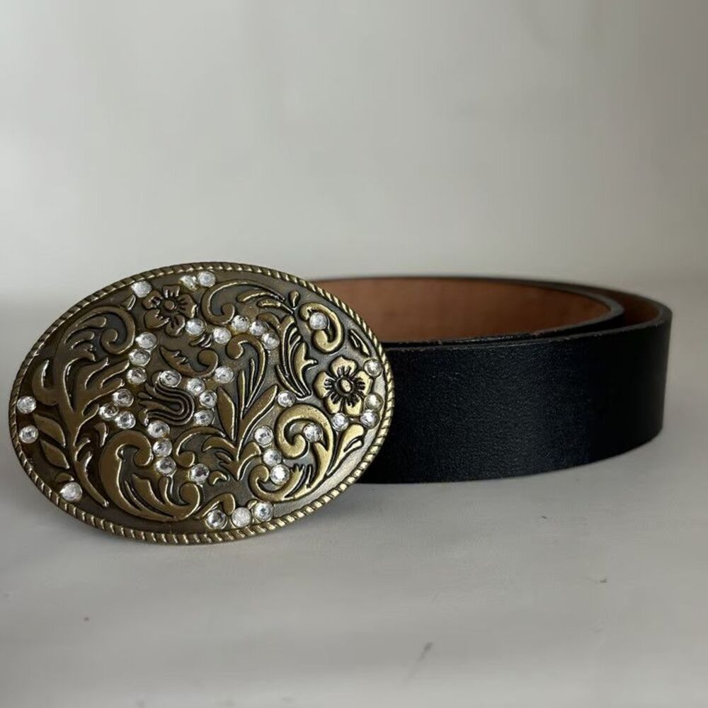 Cinturones Urena Western Belt Rhinestone Floral Buckle Black Leather Womens 30